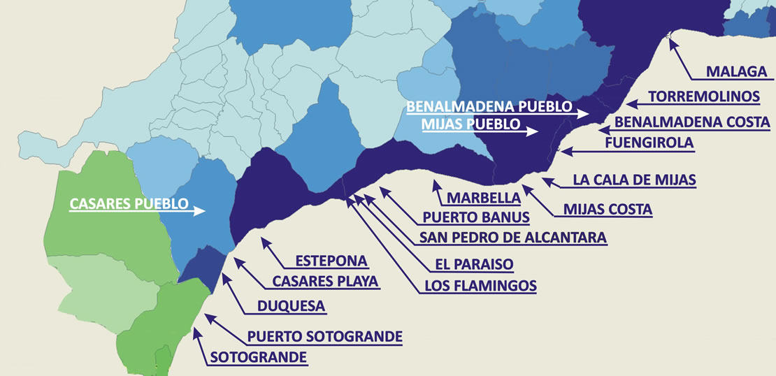 Mapa miast wzdłuż wybrzeża Costa del Sol, Hiszpania